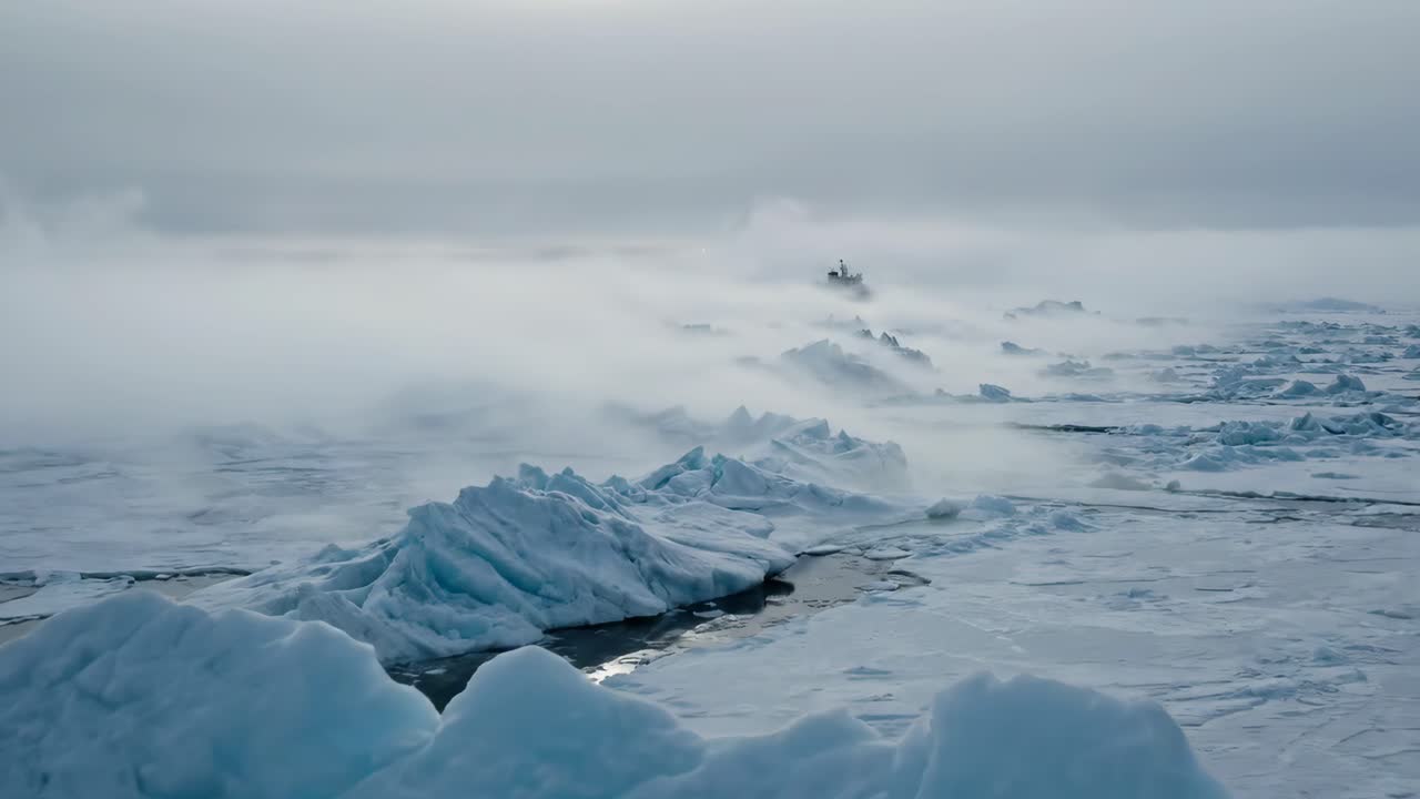 Isbryderskib navigerer gennem frosset Arktisk Hav i tåge