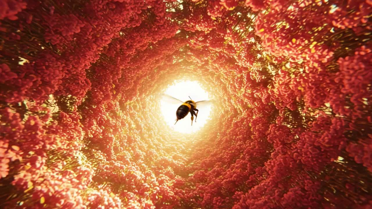 A Journey Through Vivid Floral Tunnels: A Bee's Perspective Amidst Radiant Blossoms and Natural Beauty, Capturing the Essence of Vibrant Pollination in a Stunning Visual Experience