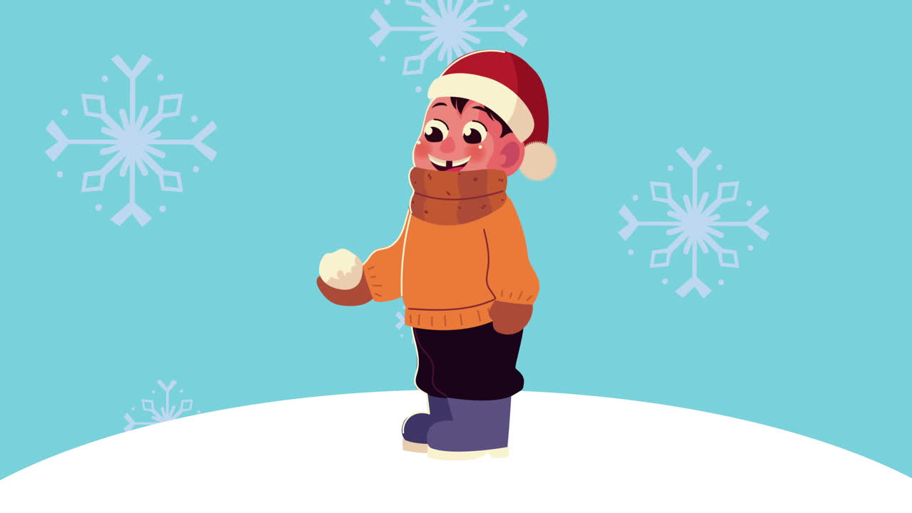 겨울 옷을 입은 작은 소년이 눈빛 장면에서 스노우볼을 가지고 놀고 있습니다.