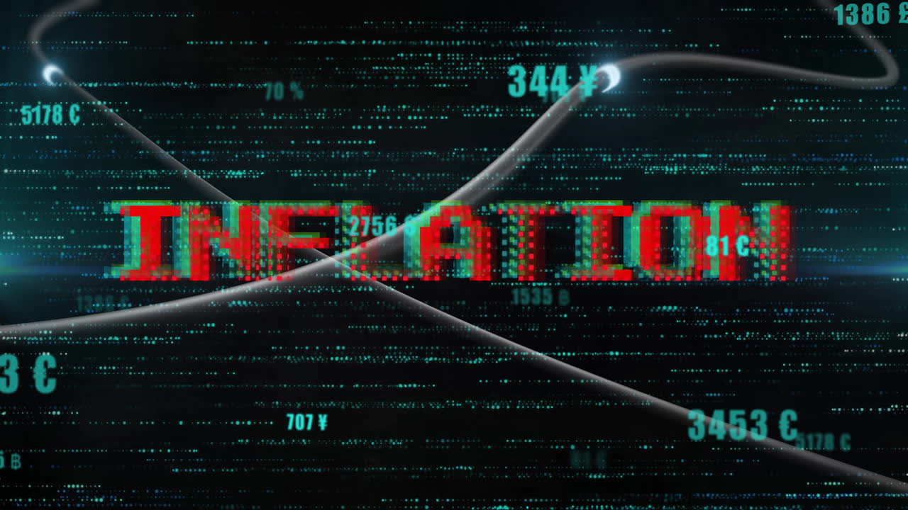 animación de texto de inflación que aparece sobre los datos financieros y los símbolos monetarios