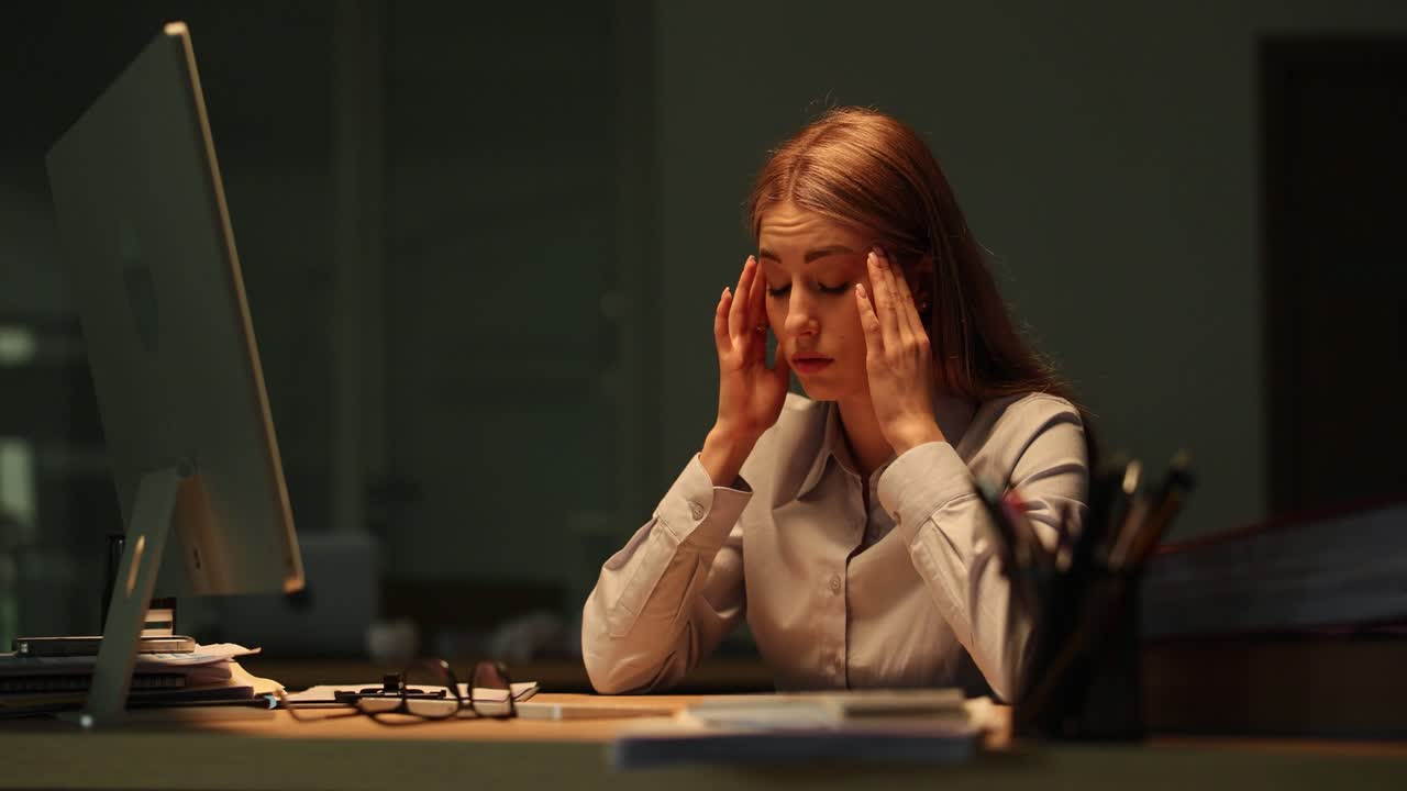 책상 에 앉아 있는 피곤 한 사업가