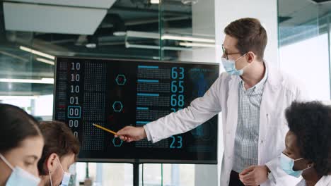 vista de primer plano del médico masculino enmascarado discutiendo con el equipo de médicos multiétnicos las estadísticas de la enfermedad pulmonar por coronavirus en el hospital mientras observan en el monitor digital