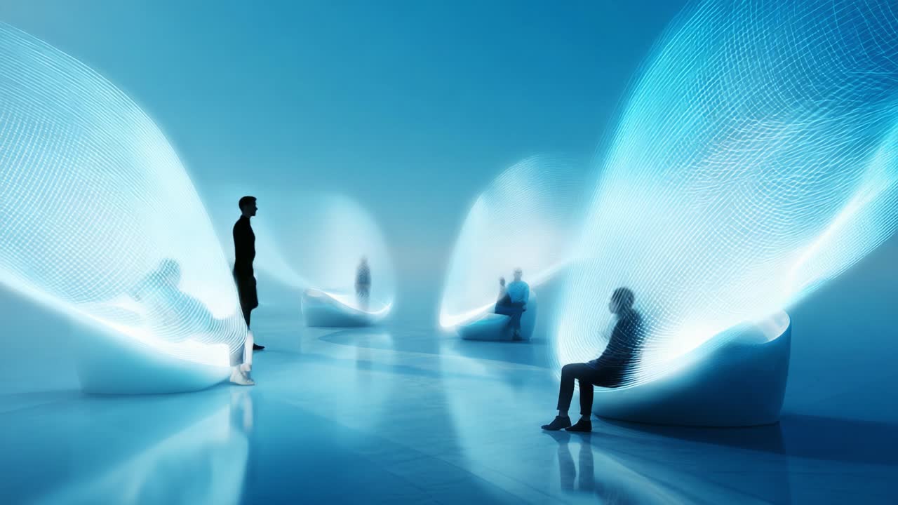 Engaged in a Hypothetical Discussion: A Stunning Visual Depicting a Group of Individuals Interacting in a Futuristic Setting with Ethereal Light Trails Illuminating the Scene