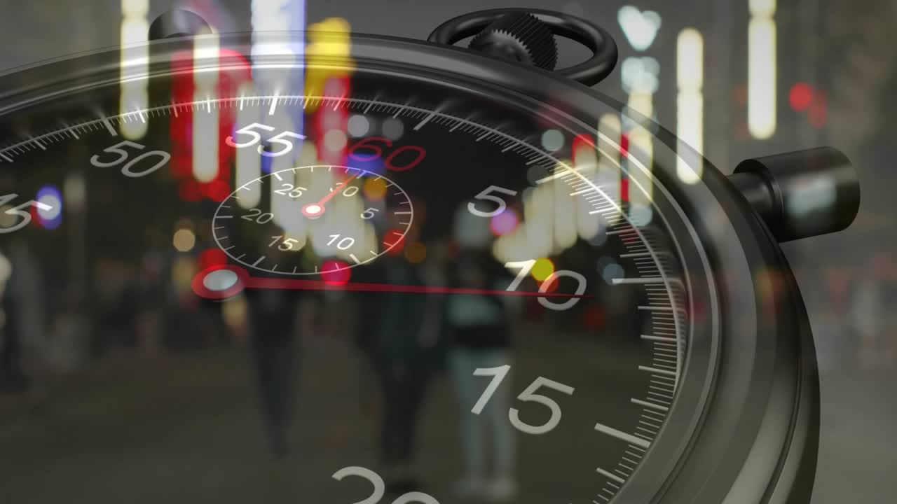 Analog stopwatch ticking, red second hand rotating while blurred neon crowd drifting, showing time
