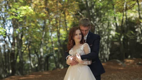 novio con la novia en el parque del bosque. pareja de bodas. familia feliz