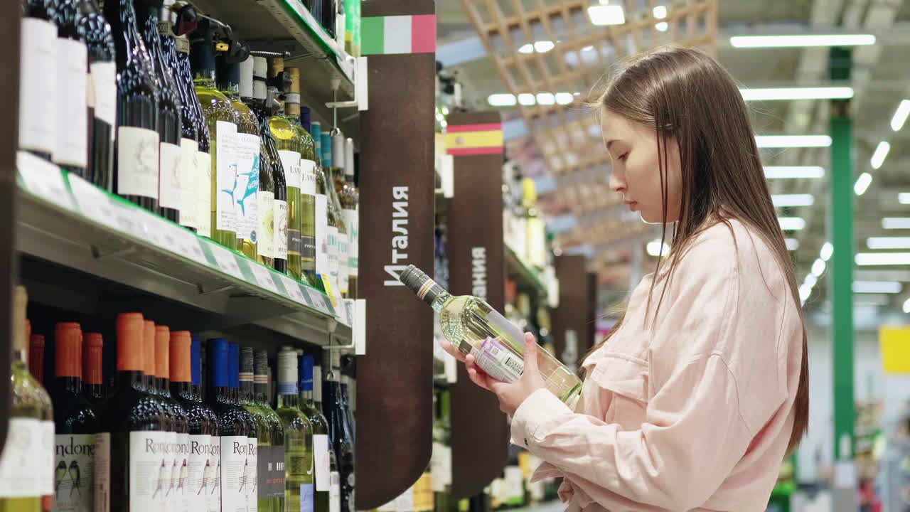 mujer eligiendo vino en un supermercado