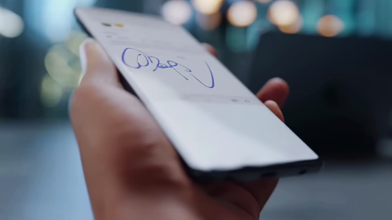 Close-up video of hands using a stylus on a smartphone, capturing a modern tech vibe