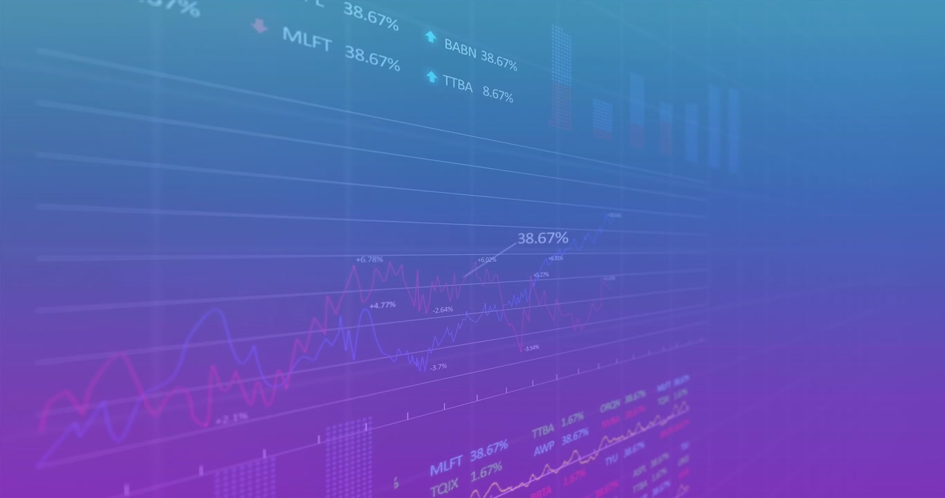 Animation of statistical and stock market data processing against purple gradient background