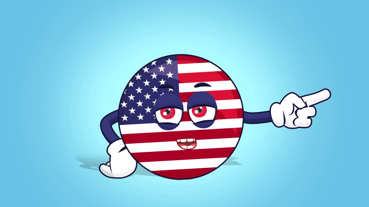 Icona animata USA Bandiera Stati Uniti d'America Scontento Puntatore Destro con Animazione Facciale