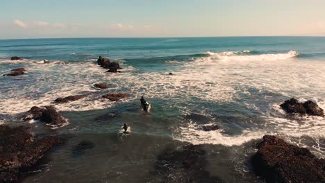 three surfers entering the sea from the beach focusing on surfer girl at punta de lobos, pichilemu-4k