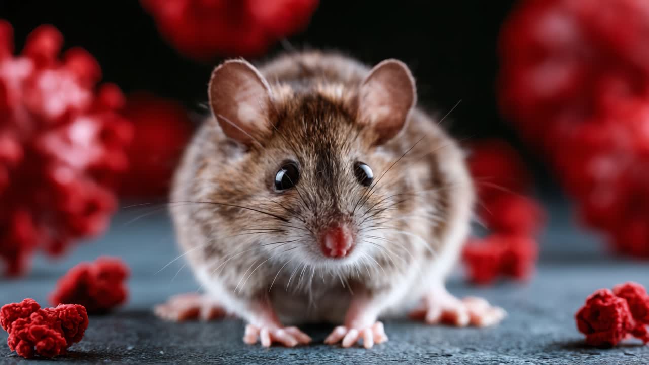 Tampilan Jarak Dekat Seekor Tikus di Tengah Elemen Merah Cerah, Menangkap Detail Menarik dari Fitur dan Teksturnya dalam Perspektif Makro