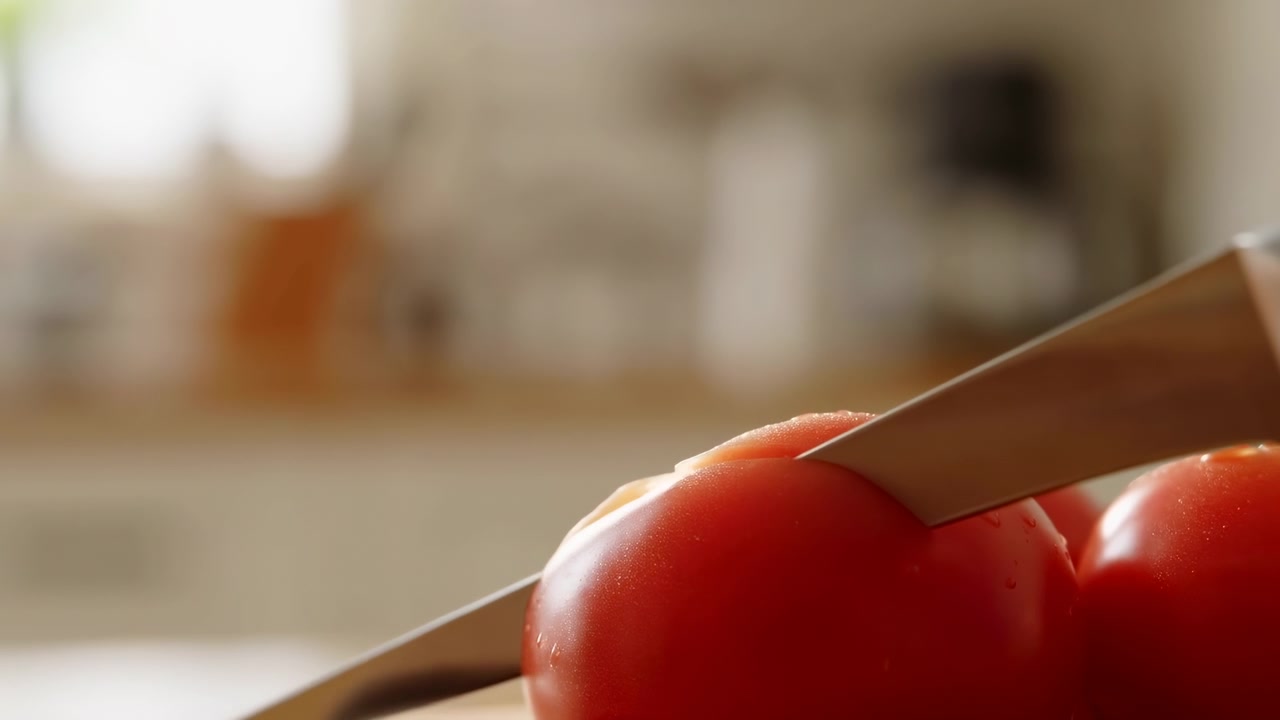 Pomodorini ciliegino tagliati con le bacchette, su un bancone da cucina, con bacchette, pomodorini ciliegino, con bacchette di legno, texture lucida di pomodorino (come plastica o vetro), con accenti rossi e marroni e un'atmosfera neutra.