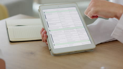 Tablet, screen and doctor hands planning schedule