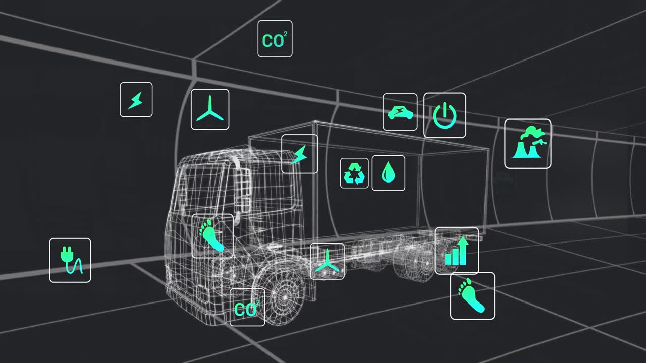 터널에서 원활한 패턴으로 움직이는 3d 트럭 모델 위의 여러 디지털 아이콘의 애니메이션