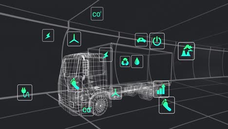 animación de múltiples iconos digitales sobre un modelo de camión 3d que se mueve en un patrón sin costuras en un túnel