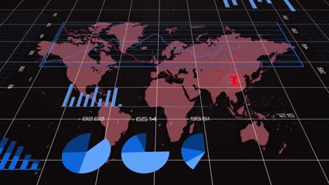 Animation-of-data-processing-over-world-map-and-covid-19-text-on-black-background