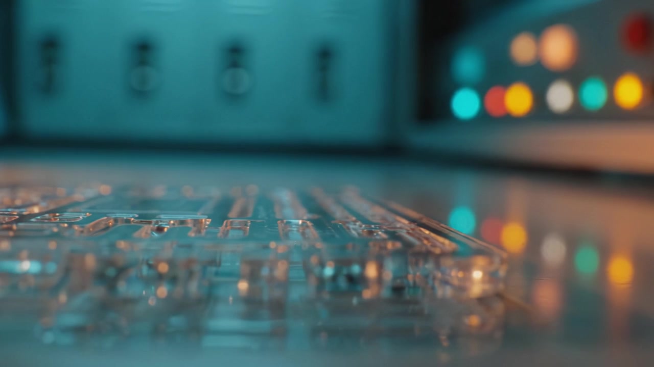 A Close-Up View of a Transparent Circuit Board on a Workbench, Highlighting Intricate Details Against a Backdrop of Colorful Control Lights