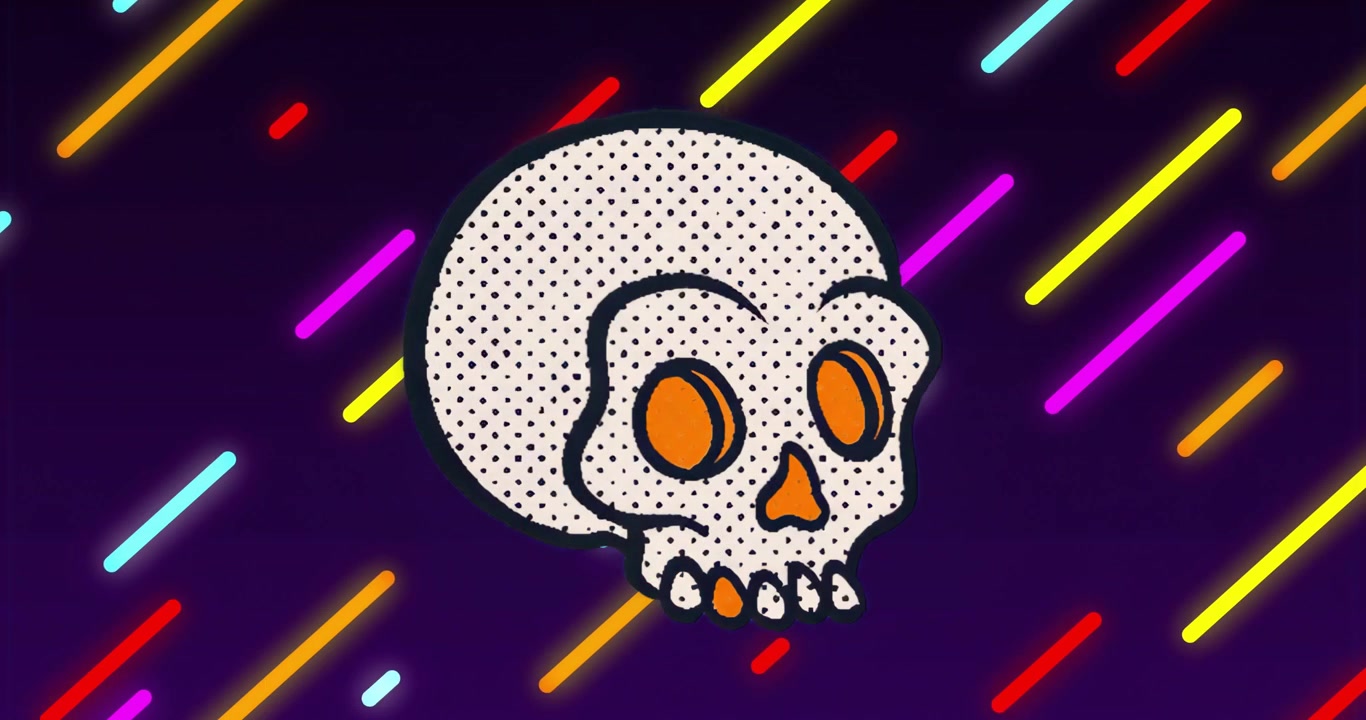 Upon floating into view, stylized skull rotating against neon streaks for dynamic illustration