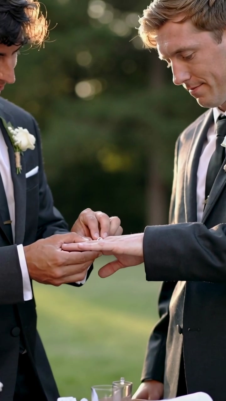 Vertical video: Right groom reaching hand left groom sliding ring onto finger in park wedding suits