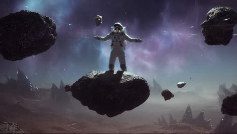 astronaut on a floating asteroid in a cosmic landscape