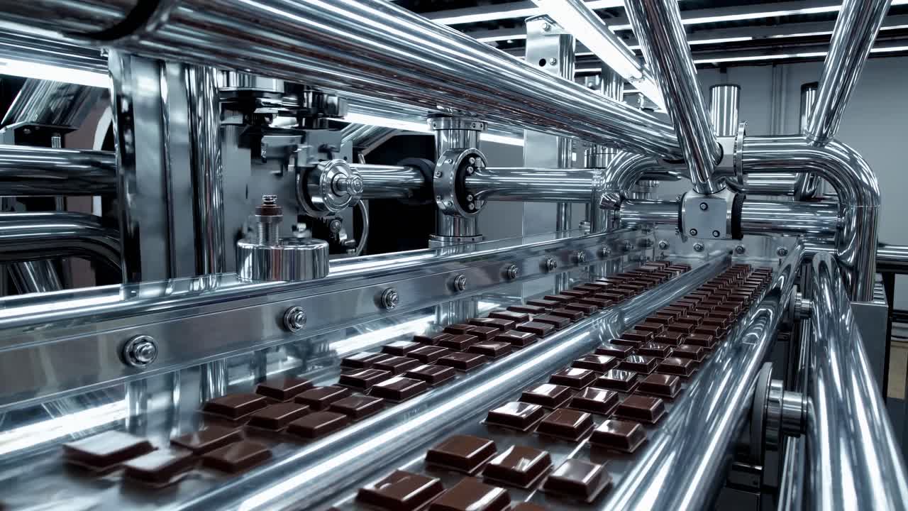 Close-up video shot of a chocolate production line, showcasing shiny metallic machinery from a low