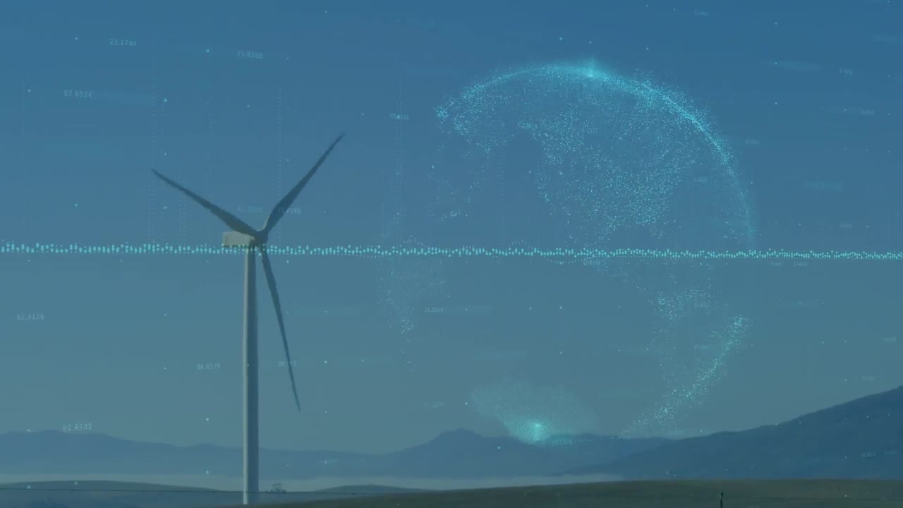地球儀及風力發電機上的財經圖表及數據動畫