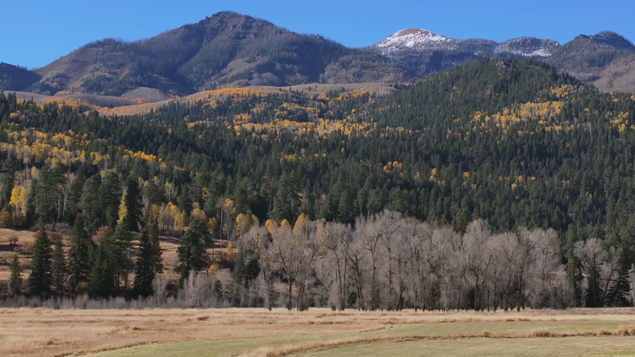 Autumn mountains in Colorado with colorful trees and clear blue sky