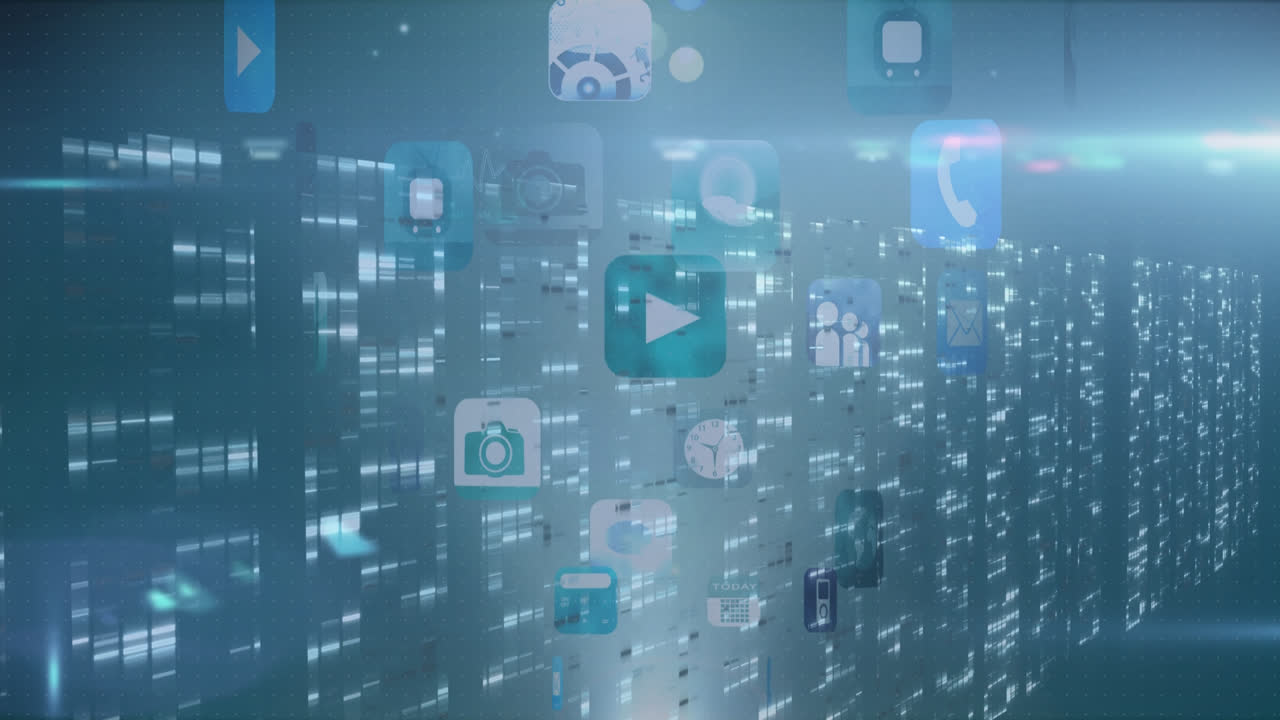 Animation of circles zooming on media icons with data processing on digital interface