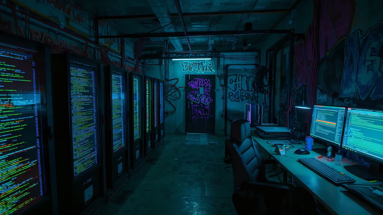 Powering up servers and monitors displaying code and flashing neon in basement, graffiti door