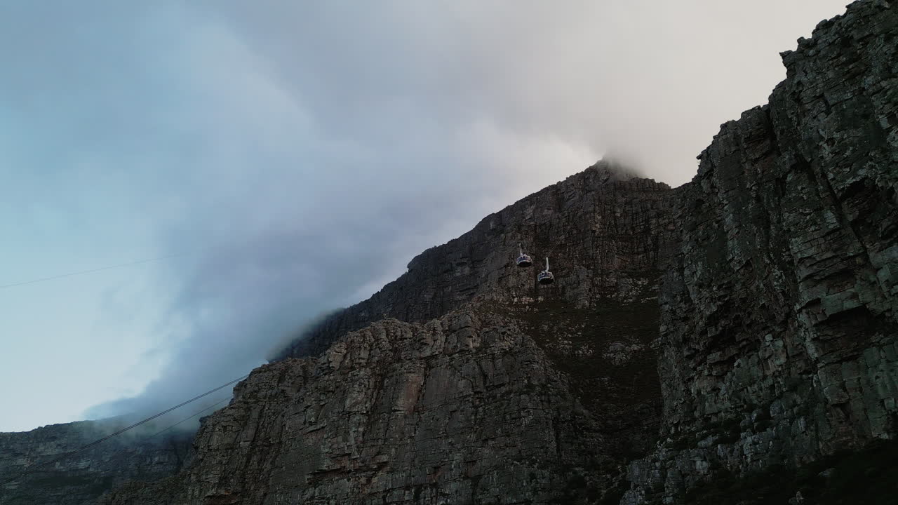 Drone Shot of Cable Cars passing each other on Table Mountain in Cape Town, South Africa
