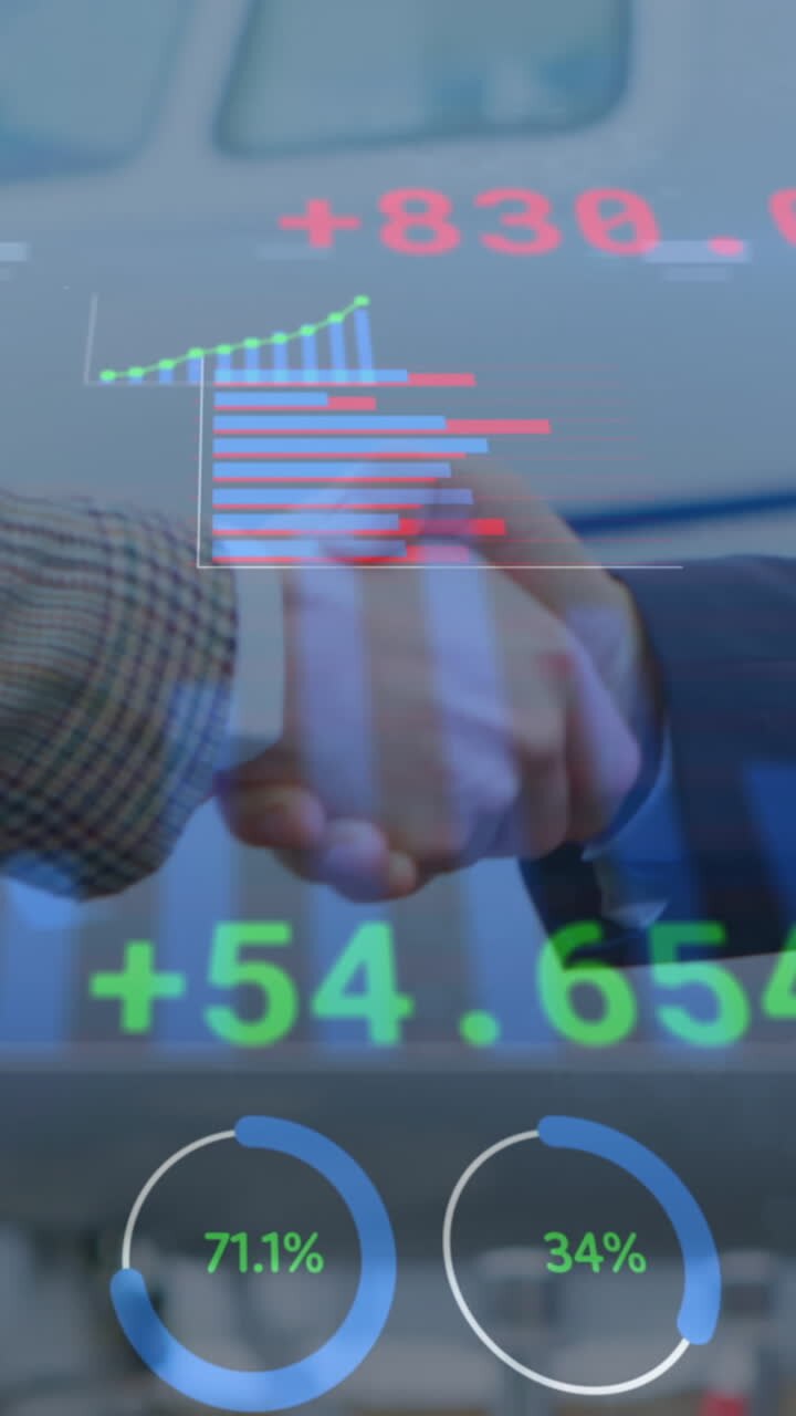 Animation of financial data processing over people shaking hands