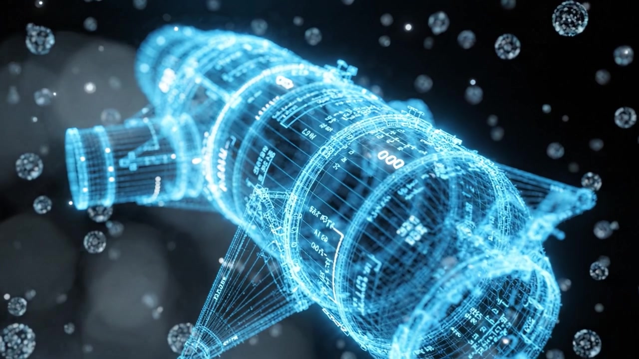 Una rappresentazione digitale luminosa di un'astronave futuristica circondata da bolle di dati fluttuanti in un ambiente virtuale ad alta tecnologia
