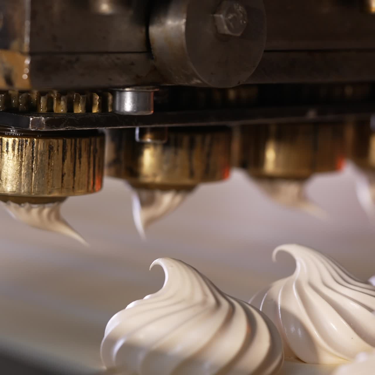 Machine producing white vanilla marshmallows. Creamy desserts are laid on the conveyor line. Close up