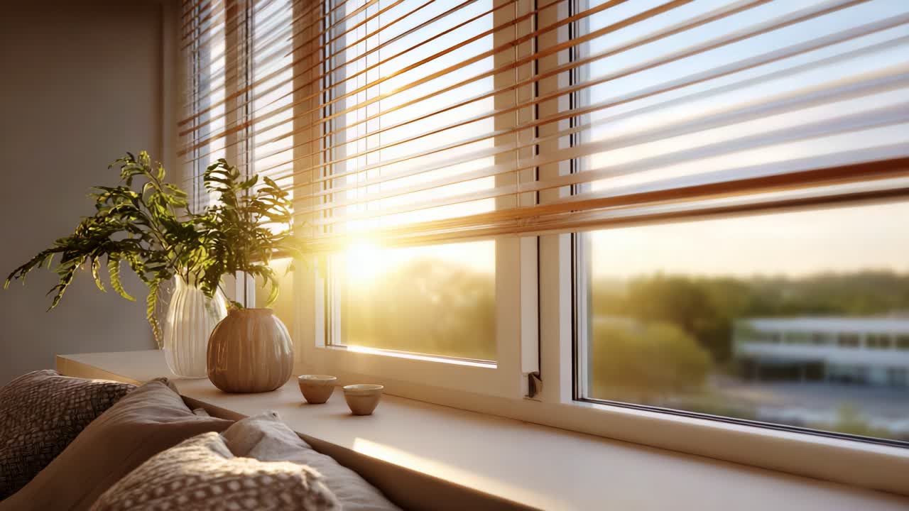 Serene Morning Glow: A Cozy Window View with Blinds, Plants, and Soft Cushions Bathed in Beautiful Sunrise Light and Nature's Warm Embrace