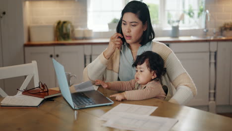 mother, baby and phone call with laptop for remote