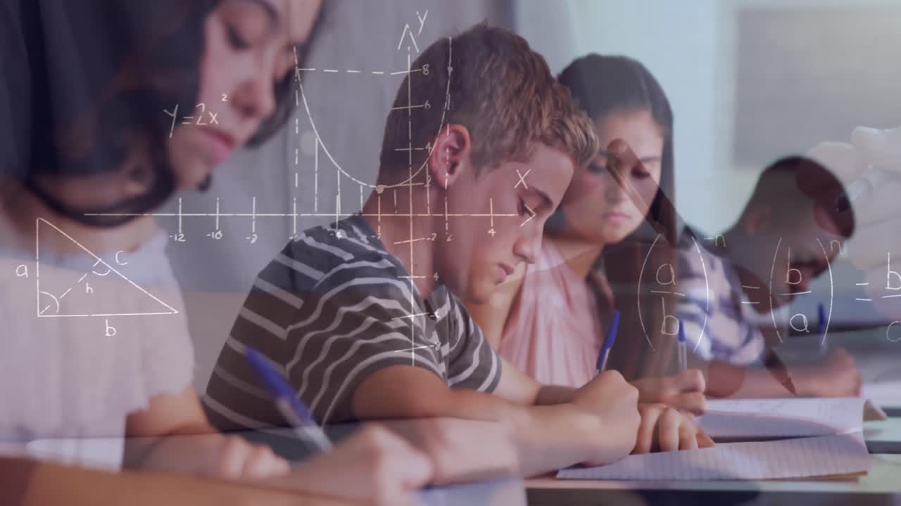 Animation of mathematical equations over school children writing in classroom