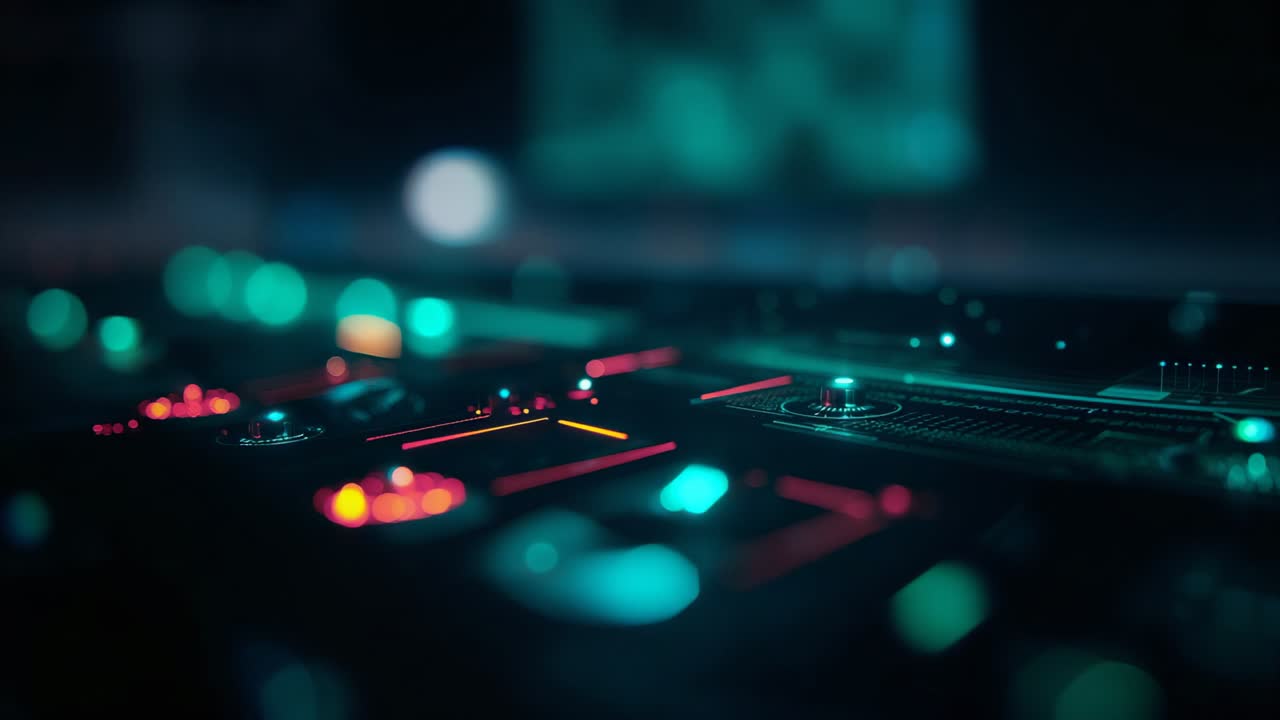 Pulsing colored LEDs signaling play on DJ mixer console and spinning vinyl record in music studio