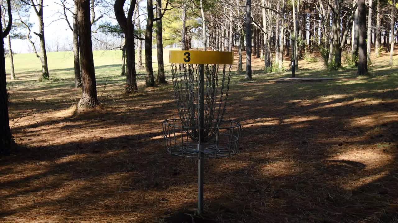 в кадре идет к корзине для фрисби-гольфа и бросает в нее белый диск для фрисби-гольфа