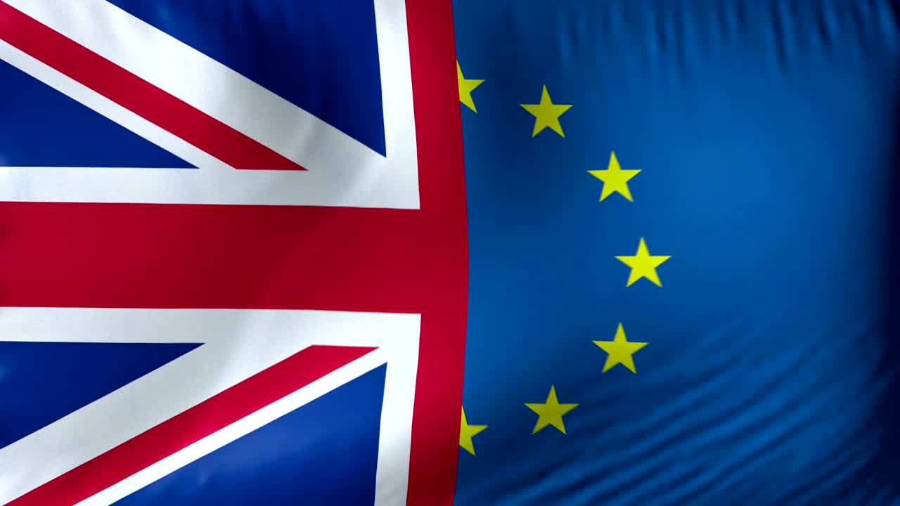 브렉시트 (brexit) 의 개념: 4k의 완전한 현실적인 발을 배경으로 흔들고 있습니다.