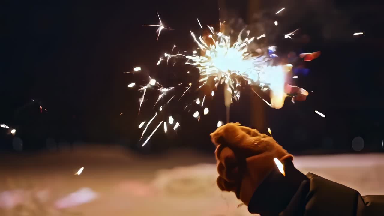 Gloved hand gripping burning sparkler, illuminating snow covered landscape during winter night, creating magical festive atmosphere with glowing sparks and soft bokeh background