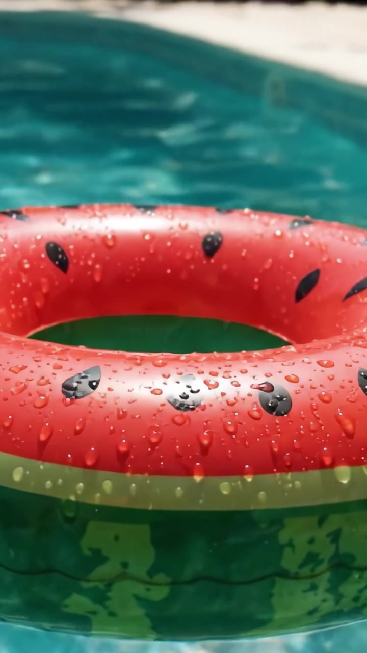 A vibrant watermelon-themed pool float, glistening with water droplets, adds a refreshing touch to a sunny day by the swimming pool, making summer leisure even more enjoyable.