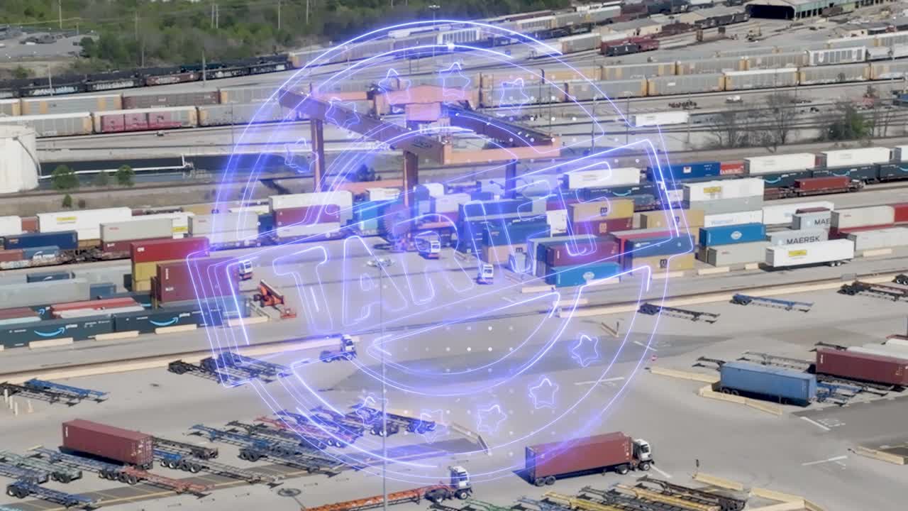 Large shipping container yard with Tariff graphic overlay.