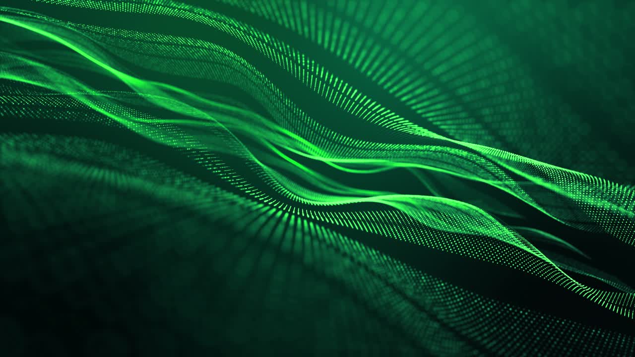 4k looped abstract green background of glow particles form lines, surfaces, stripes structures as futuristic landscape in cyberspace or hologram. Sci-fi theme with DOF, lighting effects and bokeh.