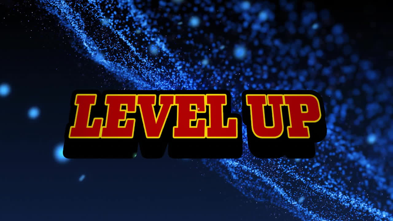 검은색 배경의 파란색 모양 위에 텍스트 애니메이션을 레벨 업