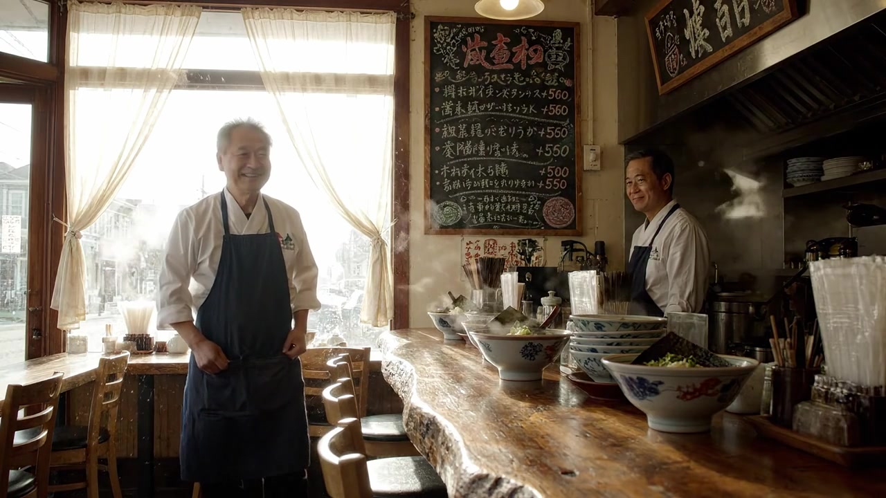 Zwei Köche bereiten traditionelle Gerichte in einem gemütlichen Restaurant zu, wobei sie kulinarische Fähigkeiten und die lebendige Atmosphäre einer geschäftigen Küche voller Wärme und Aroma präsentieren