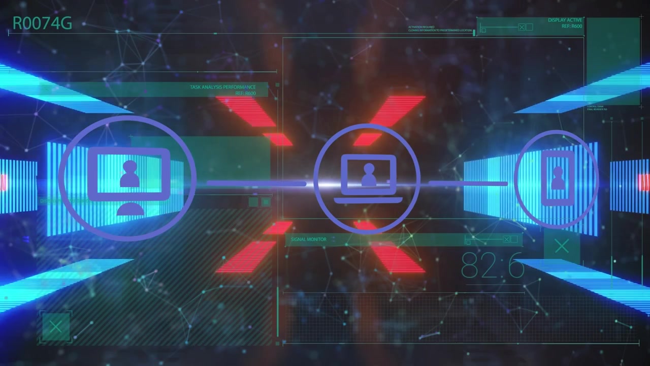 Animation of tech icons over neon lights and black space