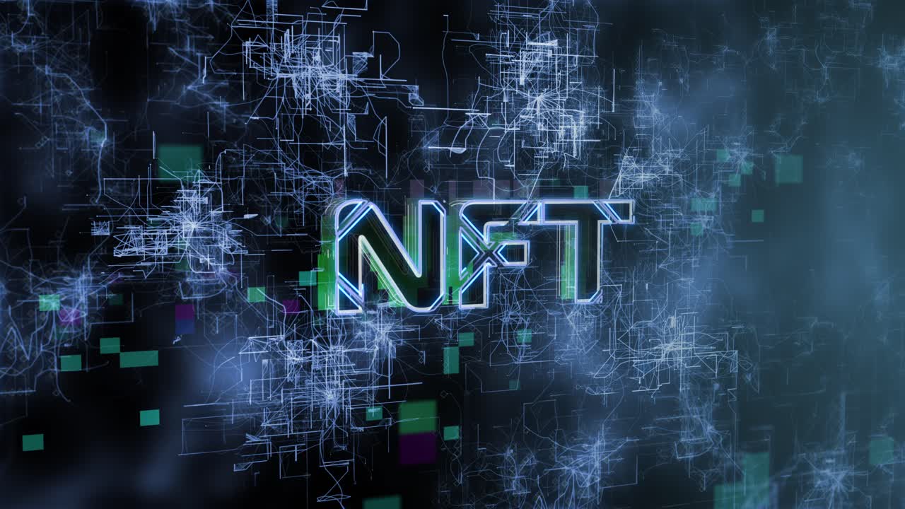 el texto del concepto nft revela la animación con la representación 3d de fondo abstracto digital para blockchain, metaverse, cryptocurrency, web 3