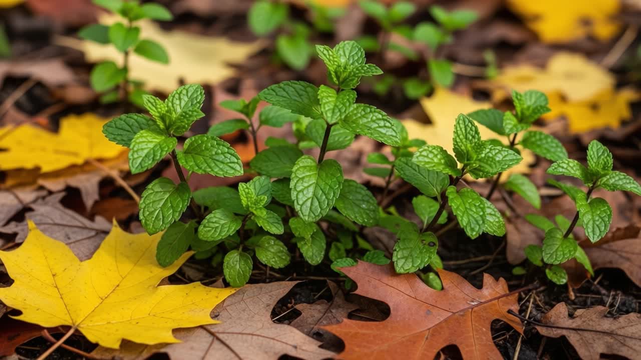 Vibrant Mint Plants Thriving Amidst Colorful Autumn Leaves, Capturing the Beauty of Nature's Transition from Green to Gold