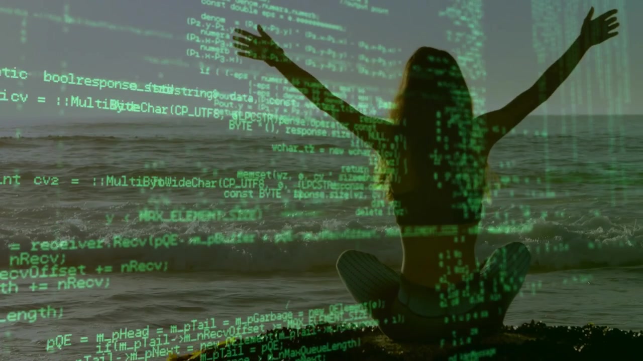 Woman sitting on rock green code appearing causing arm raising overlay obscuring form serving tech