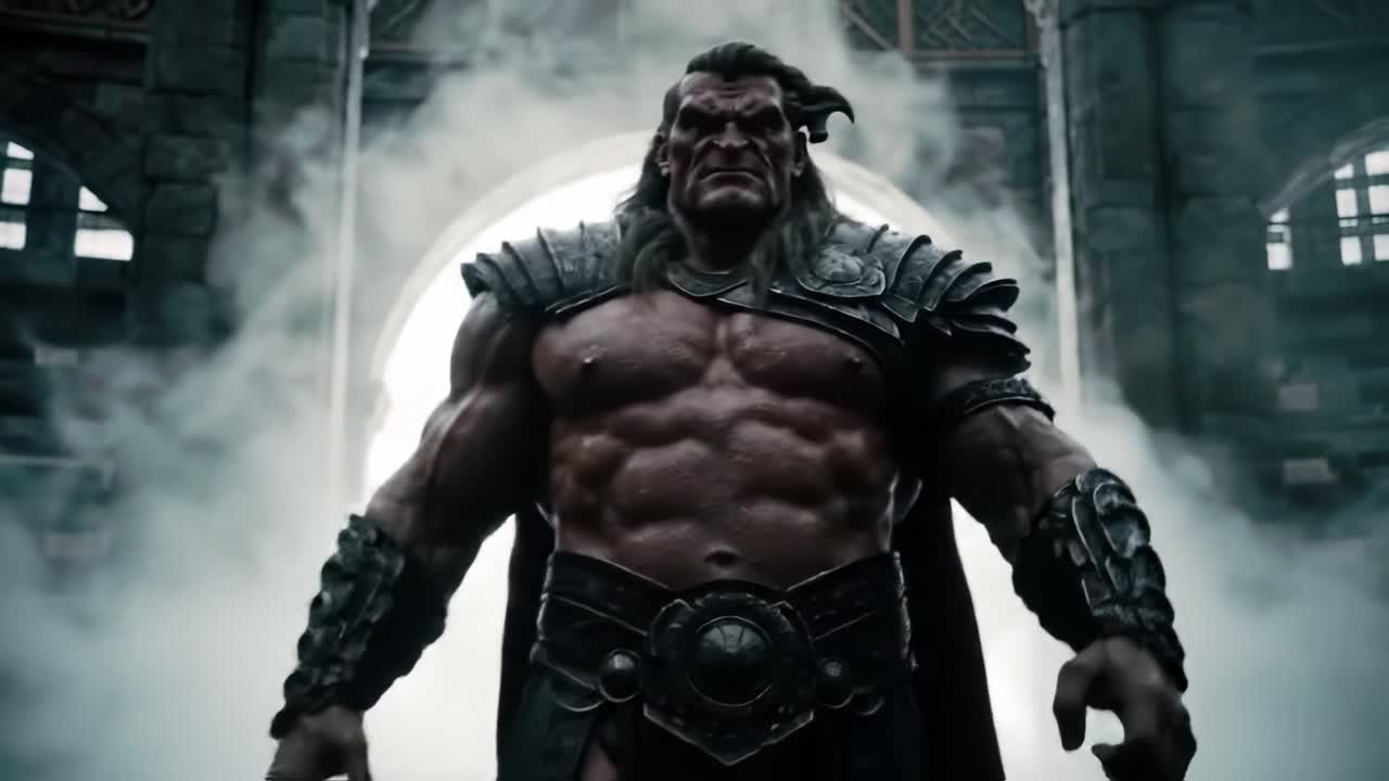 A powerful, muscular hero emerges from the fog in an ancient stone castle.